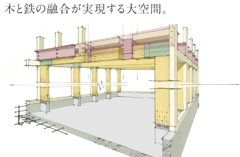 木と鉄の融合が実現する大空間。